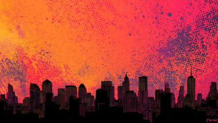 An illustration depicts a city skyline in silhouette set against a vibrant background of orange and purple hues. The image features a textured, grunge style with a dynamic composition. It is suitable for diverse design projects, offering opportunities for commercial and editorial applications.の素材