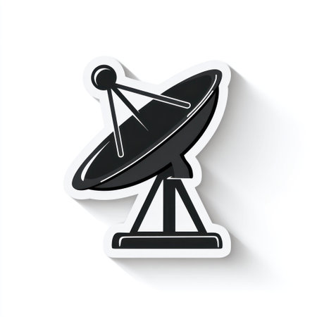 A vector illustration depicts a black satellite dish against a white backdrop. The graphic features clean lines, a simple design, and a subtle drop shadow, giving a three-dimensional effect. This image is suitable for various commercial uses, including digital media, website design, or educational resources.の素材