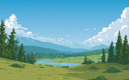 This illustration showcases a serene mountain landscape featuring green trees, a winding river, and distant mountains under a clear blue sky. The visual characteristics include a vibrant color palette, simplified textures, and a panoramic composition. This imagery may be suitable for various commercial or editorial applications.の素材