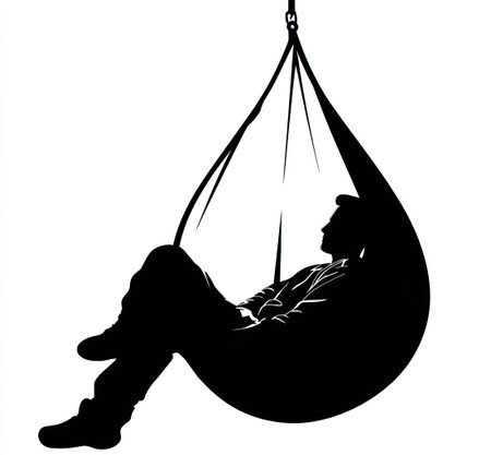 A silhouette depicts a person resting in a hanging chair. The image showcases bold black against a clean white background, creating a stark contrast. The composition highlights the shape of the chair and the person's posture. This image could be used for various commercial projects related to leisure or relaxation.の素材