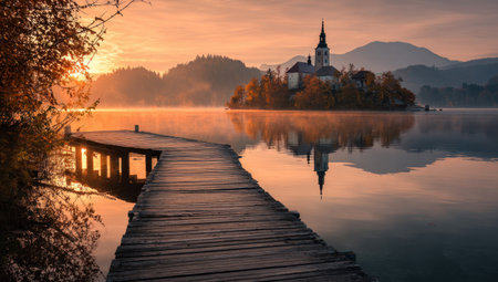 A tranquil landscape features a wooden pier extending into a calm lake. An island with a church is visible, silhouetted against an orange sunset. The composition showcases warm colors, soft lighting, and a serene atmosphere, suggesting potential use in travel, nature, or editorial projects.の素材
