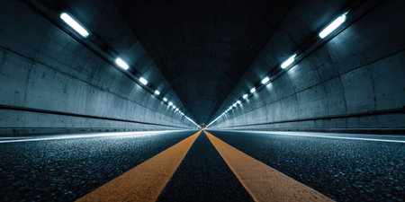 An image showcases a roadway tunnel with overhead lighting illuminating the path ahead. The scene features dark asphalt, highlighted by prominent double yellow lines, and textured walls. The composition implies depth and forward movement, suitable for various commercial applications related to infrastructure and travel.の素材
