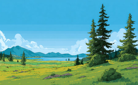 An illustrated landscape features a mountain range, a tranquil lake, and several evergreen trees. The artwork utilizes a vibrant palette of blues, greens, and yellows, with the sky showcasing fluffy white clouds. This scene evokes a feeling of natural serenity, and could be utilized for various commercial and editorial purposes.の素材