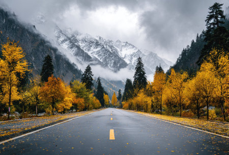 A road stretches through a mountain range, flanked by vibrant autumn trees. The scene is dominated by a cloudy sky, and the snow-capped mountain peaks. The composition is a high-angle perspective, with a paved road leading into the distance. This image is suitable for a variety of editorial or commercial purposes.の素材