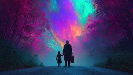 An image depicts the silhouette of an adult and a child walking on a road. The scene is dominated by a vibrant, colorful backdrop. The composition is a digital illustration with artistic lighting. This image could be suitable for various creative or editorial projects, and also for designs, and concepts.の素材