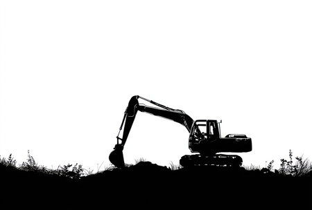 An excavator silhouette is set against a stark, white backdrop. The machine, rendered in dark tones, shows its arm extended towards the ground. The composition highlights contrasting light and shadow, suggesting a construction site or industrial context, suitable for commercial or conceptual projects.の素材