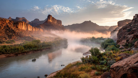 A landscape image features a river winding through a valley, flanked by large rock formations. The scene is bathed in soft morning light, enhancing the misty atmosphere. The color palette includes shades of brown, green, and blue. Ideal for travel, nature, or environmental content, potentially suitable for editorial or promotional use.の素材