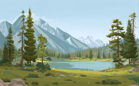 An illustration depicts a landscape featuring a tranquil lake surrounded by evergreen trees and mountains. The scene is illuminated by daylight, with a clear blue sky overhead. The style is cartoonish, with defined shapes and flat colors. This image could be used for various projects, including editorial or commercial purposes.の素材