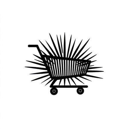 A black shopping cart is depicted against a burst of radial lines. This image utilizes stark contrasts of black and white, creating a graphic illustration. It presents a simple, clean design suitable for various applications, including advertising materials and website design. The image is ideal for commercial use.の素材