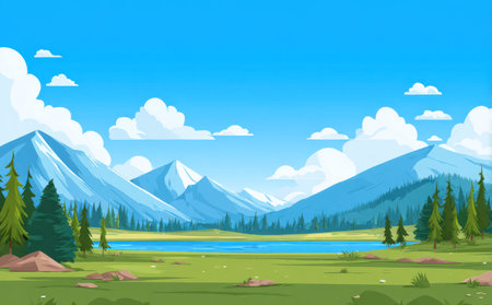 A vibrant illustration portrays a natural landscape featuring mountains, a serene lake, and a bright blue sky dotted with clouds. The composition utilizes a cartoon style with flat colors, emphasizing a sense of openness. This image suggests outdoor environments and is suitable for various design projects, including educational and promotional materials.の素材