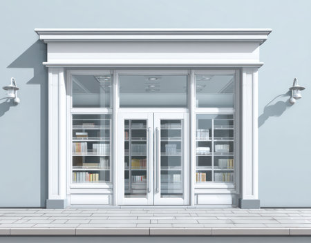 A rendered illustration depicts a shopfront featuring glass doors and window displays. The facade is predominantly white with a neutral background and shadow. The interior reveals shelving filled with objects. This image could be used for various commercial or editorial purposes, showcasing retail or design concepts.の素材