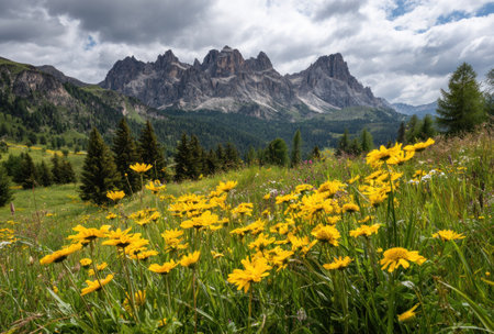 This image showcases a field of vibrant yellow wildflowers in the foreground with majestic mountain peaks in the distance. The composition uses natural lighting and a wide angle to capture the expansive landscape. This scene could be used for travel, nature, or environmental content, suitable for various editorial and commercial applications.の素材