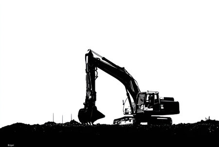 An excavator is silhouetted against a bright, white sky, suggesting a construction site or similar industrial environment. The image features strong contrast with a black excavator and the ground in the foreground. This visual could be utilized in design projects focusing on engineering, construction, or machinery, or in editorial content.の素材