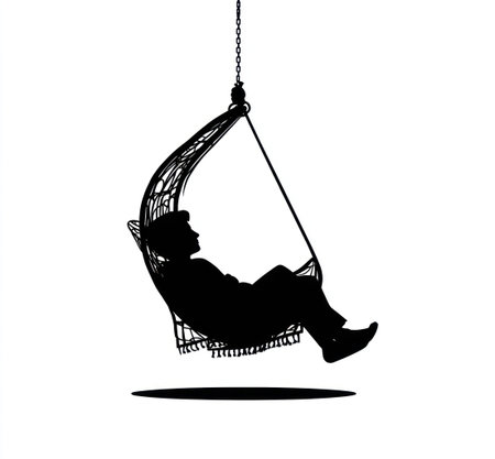 A silhouette depicts a person lounging in a hanging chair against a white background. The image showcases the chair's design and the person's pose, suggesting leisure. This graphic presents an opportunity for various commercial applications, including editorial content or promotional materials, with ample copy space available.の素材