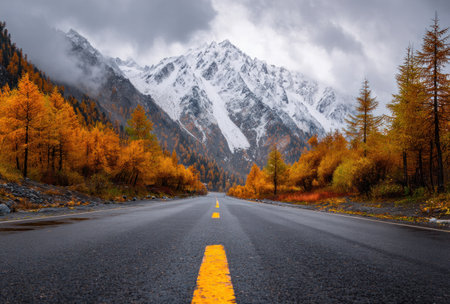 An asphalt road extends towards a mountainous backdrop with snowy peaks. Flanking the road are vibrant autumn trees showcasing orange and yellow foliage. The composition features a low-angle perspective, captured in natural lighting under a cloudy sky, suitable for various editorial and commercial applications.の素材