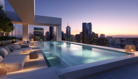 An outdoor swimming pool is situated on a building rooftop. The water reflects the cityscape at dusk. The scene showcases modern architecture, illuminated with warm lighting. The image suggests potential uses in lifestyle, travel, or real estate advertising, and design concepts.の素材