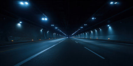 A view down a tunnel interior reveals a dark road surface with painted lines. Overhead, bright blue lights are mounted along the ceiling, creating a strong contrast. This image features a sense of depth and perspective with soft shadows, suitable for various editorial and commercial applications. The atmosphere is quiet and somewhat mysterious.の素材