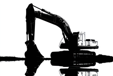 An excavator is silhouetted against a white background, its form mirrored in the water below. The image features high contrast with stark black and white elements, emphasizing the machine's shape and mechanical details. The composition may be suitable for construction, engineering, or industrial themed visuals.の素材