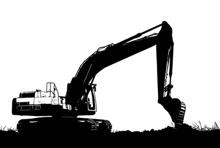 This image features a black and white silhouette of an excavator in operation. The machinery is set against a plain white backdrop. The composition is simple and graphic with high contrast. Suitable for designs requiring construction or industrial themes, as well as editorial articles.の素材