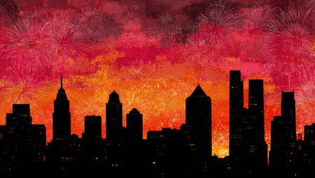 An artistic depiction presents a city skyline silhouetted against a fiery red and orange sky, illuminated by vibrant fireworks. The composition displays various building shapes. Textures and style indicate digital creation. The image is suitable for illustrating themes related to celebrations and events, and for use in various media.の素材