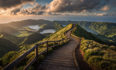 A wooden pathway winds across a lush green hillside, offering a panoramic view of lakes and distant mountains under a dramatic sky. The scene is illuminated by warm sunlight, creating a vibrant contrast of colors and textures. This image could be used for travel, nature, or environmental projects.の素材