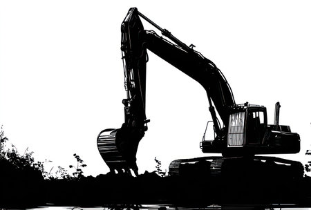 An excavator is silhouetted against a bright background, showcasing its powerful form. The image features high contrast, emphasizing the machine's shape and structure. The composition might suit commercial projects needing a construction or industrial theme. The stark black and white style is suitable for a wide variety of design applications.の素材