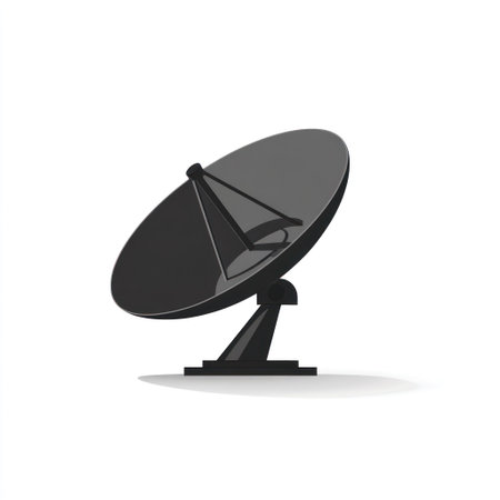 An illustration depicts a satellite dish isolated against a white background. The grayscale rendering highlights the dish's shape and design, emphasizing the technology and its potential for data transmission. This image may be suitable for projects related to communication, broadcasting, or digital connectivity.の素材