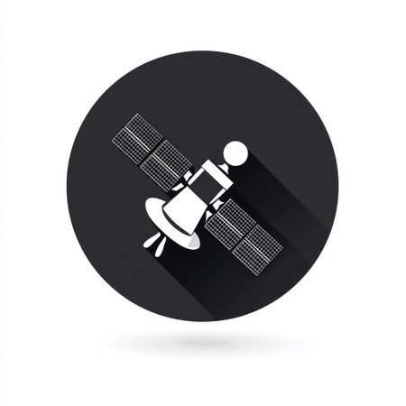 A white satellite icon is centered against a dark grey circular background. The illustration displays a minimalist design with long shadows. It suggests concepts of space exploration and communication technology, lending itself to various uses in advertising and editorial contexts, such as articles or presentations.の素材