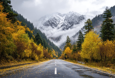 A wet road leads through a forest with yellow and green trees, the path toward misty mountains. The scene features a mix of natural elements. The composition showcases a clear road and contrasting textures of foliage and snow, suitable for various editorial and promotional purposes.の素材