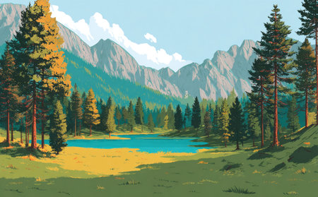 A vibrant illustration showcases a landscape featuring mountains, a serene lake, and lush green trees. The composition utilizes a bright color palette, emphasizing the natural elements under a clear blue sky. This artwork is suitable for various commercial purposes, including use in design projects or editorial content.の素材