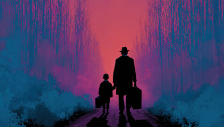 A silhouette depicts a father and child walking together on a path. The image features a vibrant color palette, blending shades of purple, blue, and red, creating a dramatic atmosphere. The style is illustrative with a focus on form and implied texture. This artwork could be suitable for various commercial or editorial applications.の素材