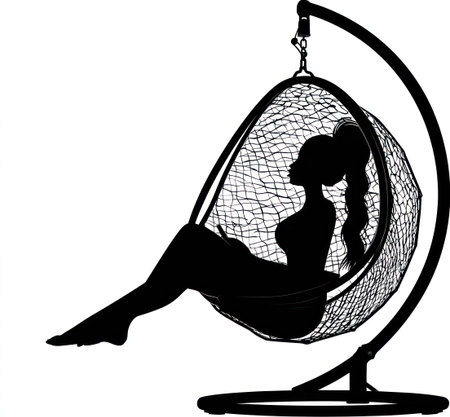 A black silhouette depicts a person lounging in a hanging chair. The image showcases a delicate web-like texture, with the chair suspended from a curved metal stand. The monochrome composition against a white backdrop suggests a studio environment, suitable for various design and advertising uses.の素材