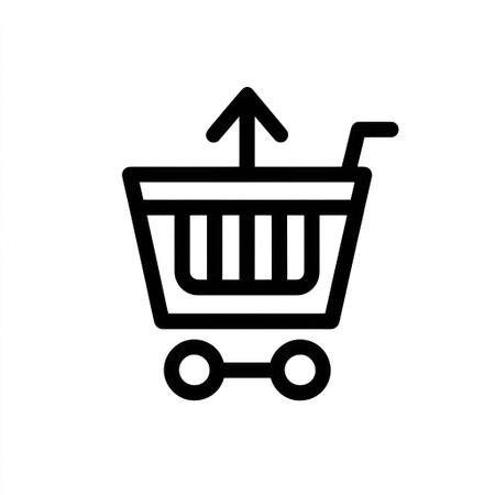 A black and white icon depicts a shopping cart with an upward-pointing arrow emerging from the cart. The graphic displays a clean, minimalist style. It appears to represent online shopping or digital commerce. This image may be suitable for illustrating e-commerce concepts or website design elements.の素材