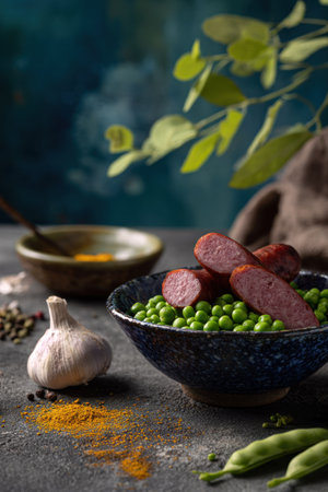A close-up captures a bowl of sliced sausage and peas alongside garlic and herbs. The composition features a dark, textured surface with natural lighting highlighting the food's colors and textures. This image could be suitable for food blogs, recipe books, or culinary articles.の素材