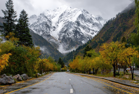 A road stretches towards distant snow-covered mountains, framed by trees displaying autumnal colors. The landscape showcases a balance of greens, yellows, and the white of the mountains. The composition suggests a serene, natural environment, suitable for various editorial and commercial applications.の素材