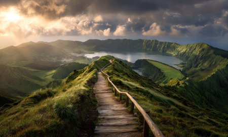 A wooden pathway winds through a lush mountain environment, guiding the eye toward a distant lake. The composition highlights rolling green hills and a body of water under an overcast sky. The image uses natural lighting to reveal textures. This scene is suited for visual storytelling or editorial purposes.の素材