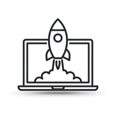 A graphic illustration depicts a rocket taking off from a laptop screen. The image features a clean, two-dimensional style with black lines against a white background. It showcases a modern, minimalist composition with soft lighting, suitable for design projects, technology presentations, and concept art.の素材