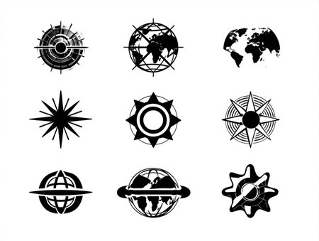 This vector illustration presents a collection of compass and globe icons. The black and white designs feature varied shapes and details, arranged against a white background. The clean style is suitable for diverse applications, including business presentations, educational materials, and illustrative purposes, ideal for a variety of commercial uses.の素材
