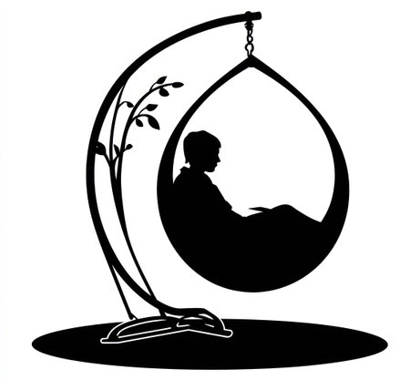 A black and white silhouette depicts a person sitting in a hanging chair. The image showcases a modern chair design, with a curved support structure and a round seating area. This graphic illustration can be used for various purposes, including website design, advertising, and editorial content to convey relaxation.の素材