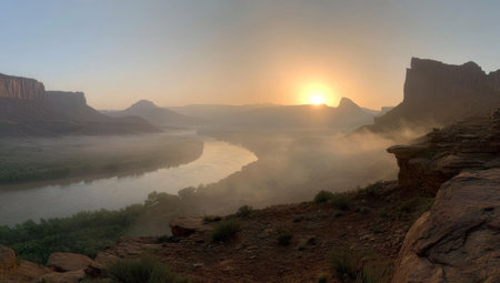 An expansive outdoor scene showcases a river winding through a canyon at dawn. Soft sunlight illuminates the misty atmosphere and the rugged terrain, highlighted by a subtle color palette. The composition may be suitable for various commercial uses, including travel and environmental themes, providing a sense of tranquility.の素材