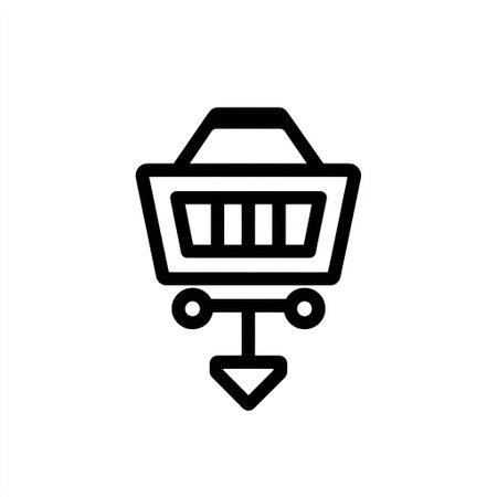 An overhead view shows a shopping cart icon in black, against a white backdrop. The graphic displays clean lines and a modern design. This vector image could be useful for commercial and editorial applications in web design and marketing materials.の素材