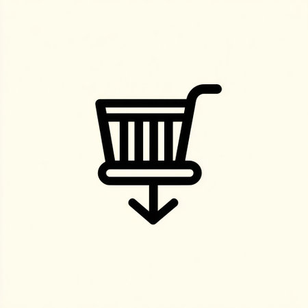An illustrated shopping cart design with a downward arrow appears against a pale cream backdrop. The graphic showcases black lines and a clean, minimalist style. This visual could be used for e-commerce, advertising, or as a design element for business and marketing materials.の素材