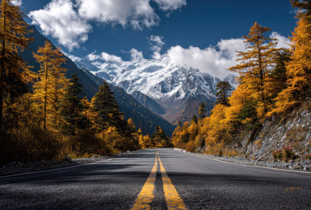 An asphalt road leads towards majestic snow-capped mountains under a vibrant blue sky. Flanking the road are trees displaying autumnal colors. The composition is a wide shot, showcasing natural beauty. This image may be suitable for travel, scenic, or environmental themes in various media.の素材