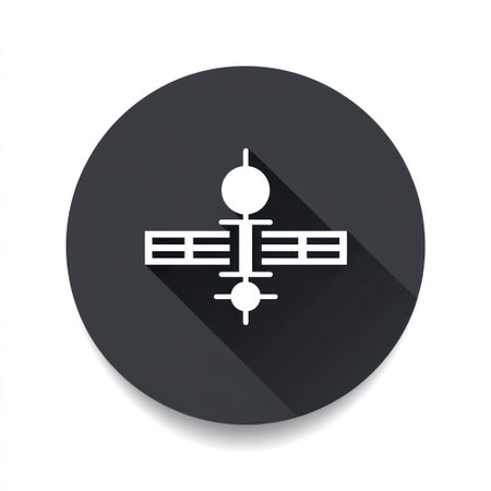 A white satellite icon is centered on a dark gray circular background. The design features simple, geometric shapes and a long shadow, creating a modern and minimalist aesthetic. This graphical element could be suitable for digital applications, representing technology, communication, or data transfer concepts.の素材
