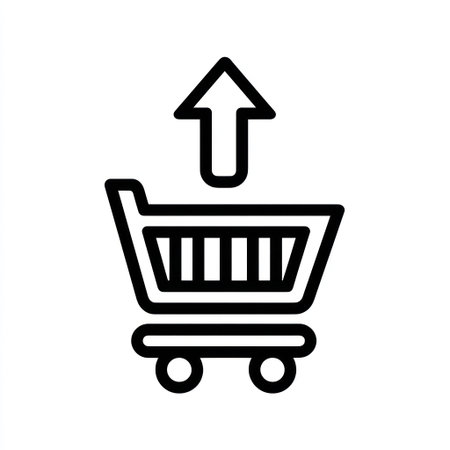 An outline illustration depicts a shopping cart with an upward-pointing arrow. The image employs a black and white color scheme. The design presents a straightforward, minimalist aesthetic suitable for digital interfaces. The graphic can be used for diverse purposes, including web design and advertising materials.の素材