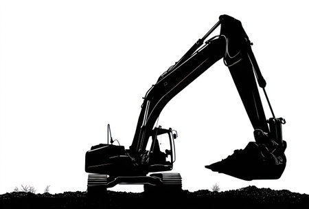 A silhouette of a heavy excavator is shown against a plain white backdrop. The image emphasizes the form and details of the machine, rendered in stark black. Its strong lines and dynamic shape suggest movement and industry. Suitable for various commercial and editorial applications.の素材