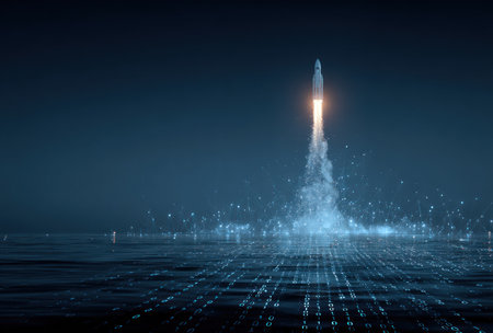 A rocket ascends against a dark blue background, leaving a trail of smoke and light. The image features a digital matrix overlay, suggesting technology and data. The scene uses a cool color palette with illuminated elements, offering potential for use in concepts related to progress or innovation.の素材