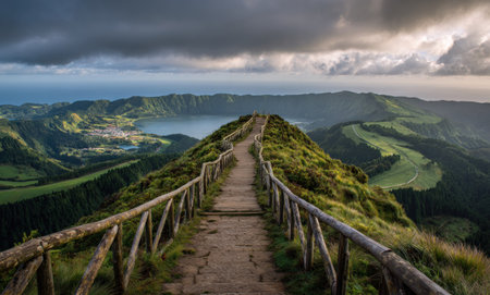 A wooden pathway winds towards a vast landscape, featuring lush green hills and a tranquil body of water. Overcast skies cast a dramatic light on the natural scene, highlighting the textures of the vegetation. The image evokes a sense of journey and exploration, suitable for editorial and commercial applications.の素材