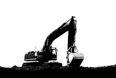 A stark silhouette of a large excavator dominates the image against a bright white backdrop. The machine appears to be engaged in digging or earthmoving activities. The composition features high contrast with defined shadows and highlights. Suitable for commercial projects emphasizing construction, industry, or infrastructure.の素材