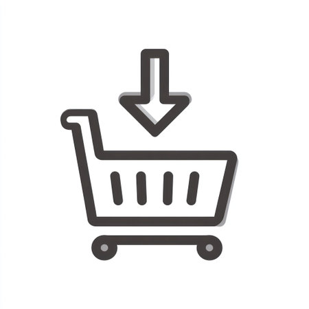 A flat design presents a shopping cart icon with a downward-pointing arrow, rendered in shades of gray. The composition is simple, with the cart and arrow centered against a white background. The image evokes concepts related to online shopping, digital commerce, and the act of purchasing. Suitable for various commercial and editorial applications.の素材